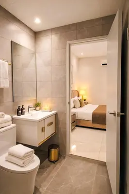 a bathroom with a toilet sink and a bed at Rooftop Pool At Majestic Residence in Kuala Lumpur