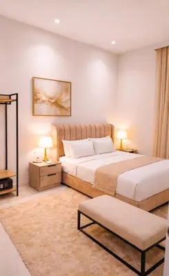 a bedroom with two beds and two tables and two lamps at Rooftop Pool At Majestic Residence in Kuala Lumpur