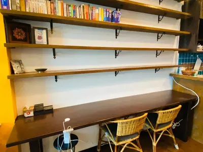 a desk against a wall with shelves at Opus Residence 1R1B Pinwu 118 view|Balcony|LRT in Kuala Lumpur