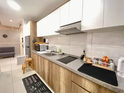 a kitchen with a sink and a counter top at Robertson 1R1B Pinwu Bkt Bintang|Chinatown|LRT in Kuala Lumpur