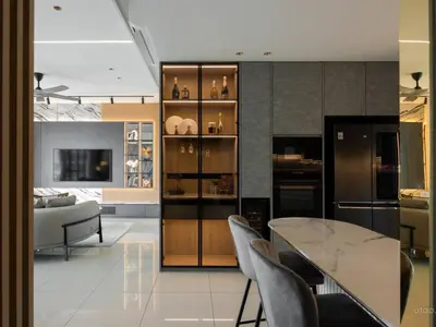 a living room with a table and a dining room at Prime Location KLCC - next to MRT in Kuala Lumpur