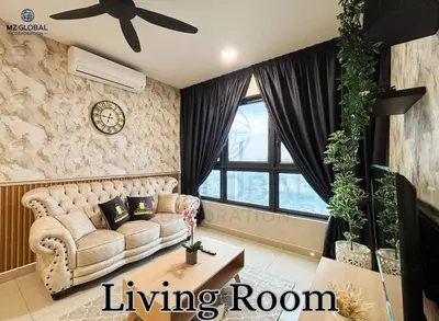 a living room with a couch and a large window at Skyline Suites Kuala Lumpur in Kuala Lumpur