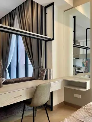 a bedroom with a desk with a chair and a mirror at Glowing Star Home Infinity Swimming Pool By Lalaport in Kuala Lumpur