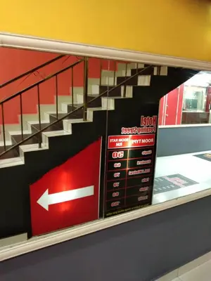 a display case with a staircase in a store at Petaling Street Hotel Chinatown in Kuala Lumpur