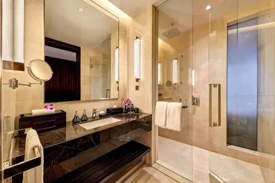 a bathroom with a sink and a shower at Pavilion Hotel Kuala Lumpur Managed by Banyan Tree in Kuala Lumpur