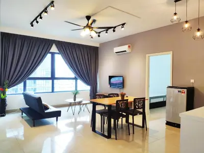 a kitchen and dining room with a table and chairs at Arte Plus - Family Suite, 5 pax, Jalan Ampang in Kuala Lumpur