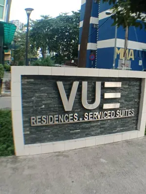 a sign for the vuereslezlezlez serviced services at VUE RESIDENCES Jln Pahang, KL city - 2 ROOM - 4 pax in Kuala Lumpur
