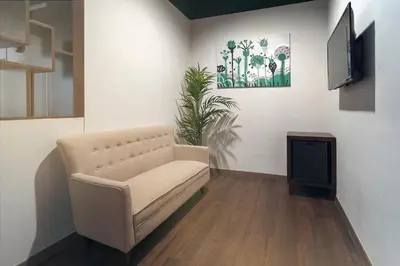 a living room with a couch and a tv at East Riverine Boutique Hotel in Kuala Lumpur