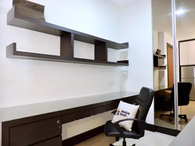 an office with a chair and a desk and a mirror at Ken Bangsar By Sleepy Bear in Kuala Lumpur