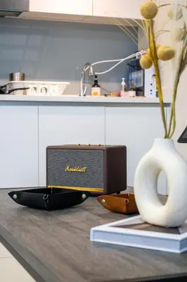 a speaker sitting on a counter in a kitchen at Eko Cheras By Sleepy Bear in Kuala Lumpur