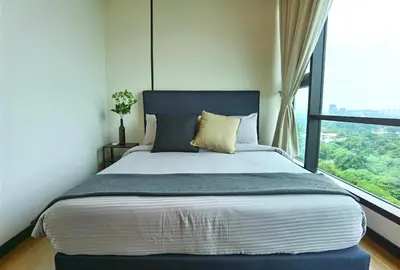 a bedroom with a large bed with a large window at MyCrib Opus Recidence 3 bedroom BBintang in Kuala Lumpur