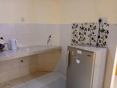 a small kitchen with a refrigerator and a sink at Monkey Mansion in Kuala Lumpur
