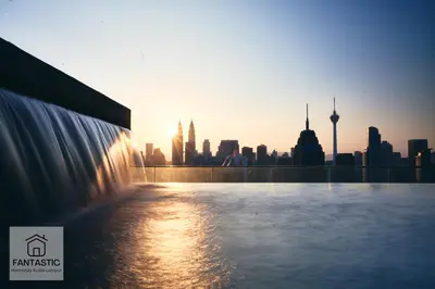 a view of a city skyline with a fountain at Regalia Residence @ KLCC View Sky Pool by KC in Kuala Lumpur