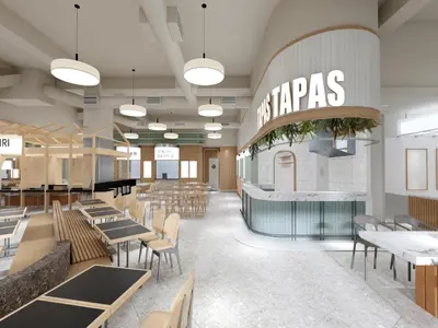 a rendering of a restaurant with tables and chairs at Hotel Komune Living & Wellness Kuala Lumpur in Kuala Lumpur