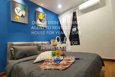a bedroom with a bed with a blue wall at 3min MITEC KL Publika Ocean Classic Condo 2308 in Kuala Lumpur