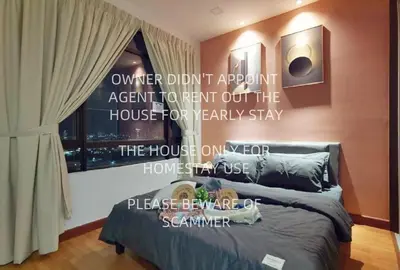 a bedroom with a bed with a poster on the wall at 3min MITEC KL Publika Ocean Classic Condo 2308 in Kuala Lumpur