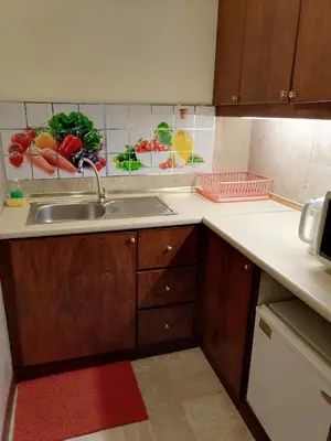 a kitchen with a sink and fruits and vegetables on the wall at KL BERJAYA TIMES SQUARE SERVICe APARTMENT in Kuala Lumpur