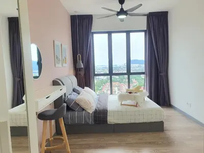 a bedroom with a bed and a desk and a window at United Point Residence 6 pax Near Mont Kiara Desa Park Kepong in Kuala Lumpur