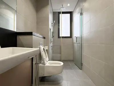 a bathroom with a toilet and a sink and a shower at 8 Kia Peng Residences by Times 8 in Kuala Lumpur