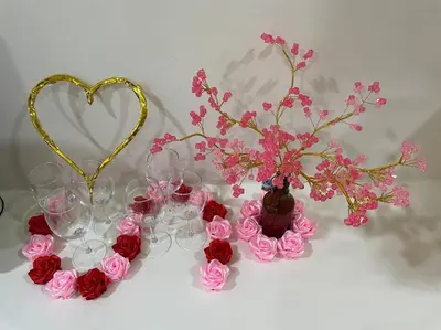 a group of wine glasses with pink flowers and a heart at Romantic Suite with Private Jacuzzi 176 in Kuala Lumpur