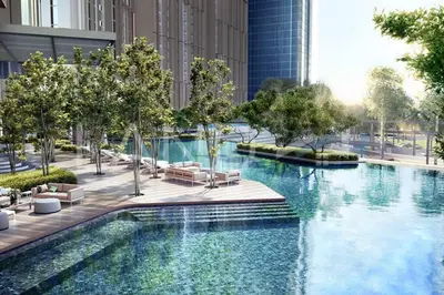 a large swimming pool in a city with buildings at Lucentia Lalaport BBCC, Stuning Infinity Pool in Kuala Lumpur
