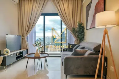 a living room with a couch and a large window at Maxhome Plus at Lucentia Bukit Bintang City centre KL in Kuala Lumpur