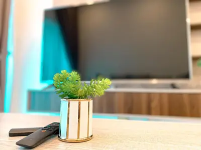 a vase with a plant on a table with a remote control at Skyline Garden 2 Bedrooms Homestay Near KLCC in Kuala Lumpur