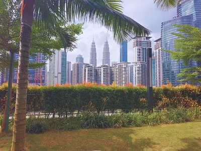 a city skyline with tall buildings and a palm tree at Eaton Residence KLCC Skyline in Kuala Lumpur