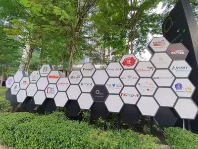 a bunch of parking meters in a park at Arcoris Mont Kiara Kuala Lumpur in Kuala Lumpur