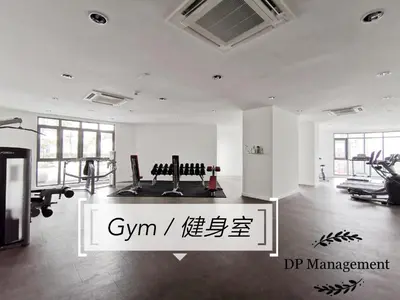 a gym with gym equipment in a room with windows at Mid Valley - Vivo Residence Center Of KL 6-8Pax in Kuala Lumpur