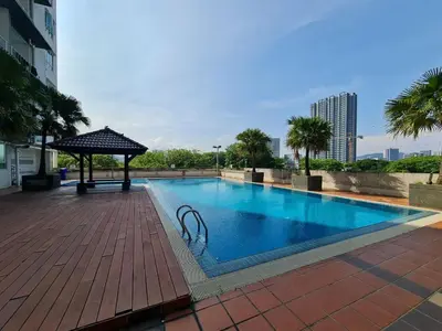 a swimming pool with a gazebo in a building at 1 min Next to LRT CHERAS 68 with Shared Area in Kuala Lumpur