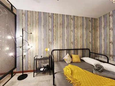 a bedroom with a bed and a striped wall at 1-6px Bukit Bintang 1min walk to Lot10 Pavilion in Kuala Lumpur