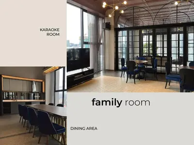 a room with a table and chairs and a family room at Scarletz Suites • KLCC • King Bed (L) in Kuala Lumpur